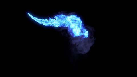 Stream of blue magic fire like flamethrower shooting or fire-breathing dragon's flames. High quality footage with alpha channel in 4k resolution, 30 FPS.