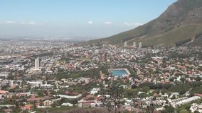 HD high quality sunny day video of spectacular scenic Table Mountain, wide Cape Town city center panorama, Atlantic Ocean bay from Signal Hill view point in Western Cape, Cape Town, South Africa