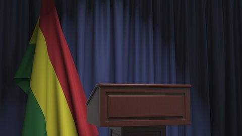 Flag of Bolivia and speaker podium tribune. Political event or statement related conceptual 3D animation