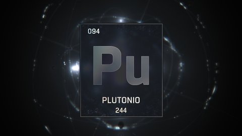 Plutonium as Element 94 of the Periodic Table Seamlessly looping 3D animation on silver illuminated atom design background with orbiting electrons. Name, atomic weight, element number in Spanish langu