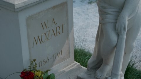 VIENNA AUSTRIA April 18. 2019 - BIEDERMEIER CEMETERY SANKT MARX - tight close up shot of Mozart memorial grave with epitaph, grave inscription W. A. Mozart 1756 - 1791