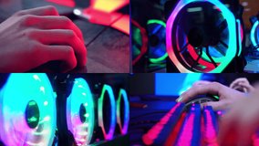 World Championship Cyber gaming. RGB neon light. Rivalry of a group of experienced players. Winner team, competitive. Professional esport gamers compete. Gamer playing a video game with keyboard.