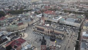 Aerial view of Krakow historic market square, Poland, central Europe. 4k 25 fps