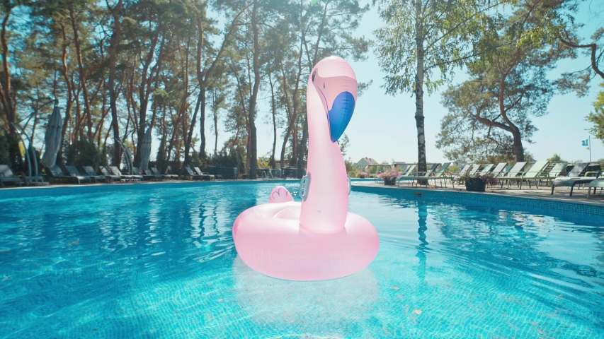 wide angle lens shooting of lonely rubber ring pink flamingo in country house pool with blue water