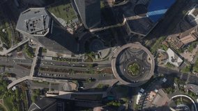 Aerial 4k video of Shanghai in the day time and top view of Lujiazui skywalk, The bund with dolly shot camera movement