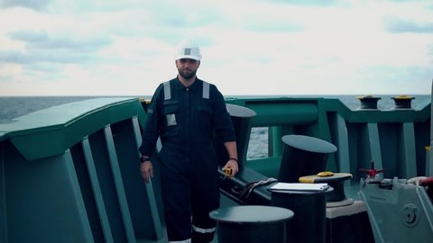 Marine Deck Officer or Chief mate on deck of offshore vessel or ship.