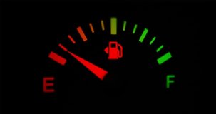 Fuel Gauge Car Dashboard Fills up. Green Red Orange Linear Gradient. Close Up dash board petrol meter on black background, Horizontal video clip in 4K . Gasoline Prices and Tax Concept. Soft Focus