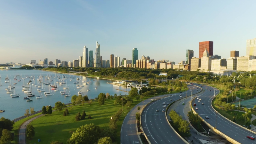 Static aerial shot of cars on Chicago