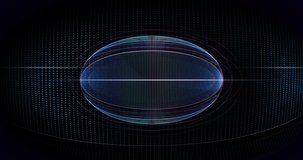 Holographic rugby ball background. Abstract sport image. Pixel ball network structure. Digital computer looped video. Generative animation. 3D rendering.