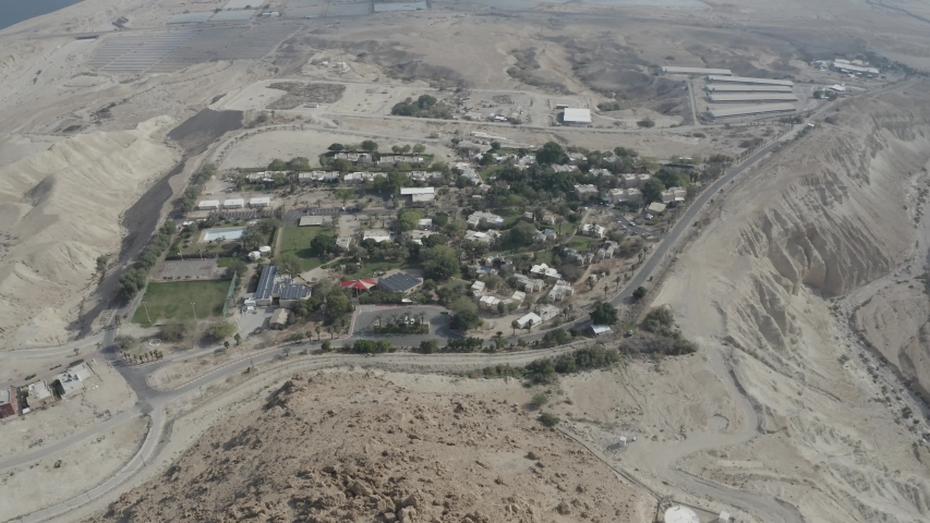 Aerial bird eye view over Mitspe Shalem Kibbutz in Israel desert