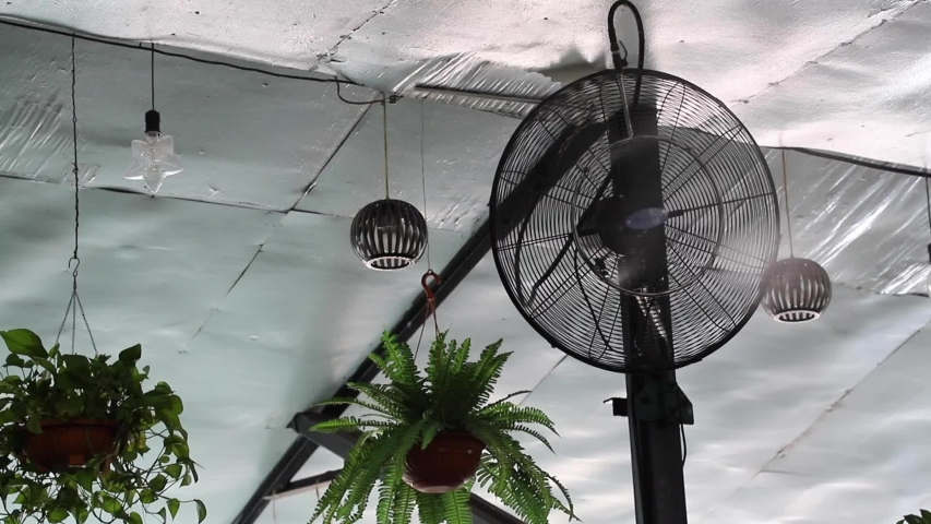 an old fashioned electric fan fixed near the ceiling to cold down room temperature