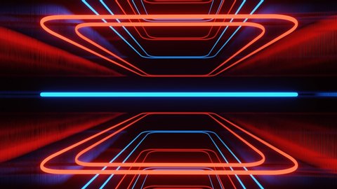 Blue red neon light holographic technology. 3d render abstract background. Rounded square frames sequence. Digital neon background. Ultraviolet spectrum, laser show. Loop 3d 4K animation