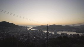 Calm in Morning Bird Flying Over View of Onomichi Town with Sea Waterway, Calm Town, Train Start Working