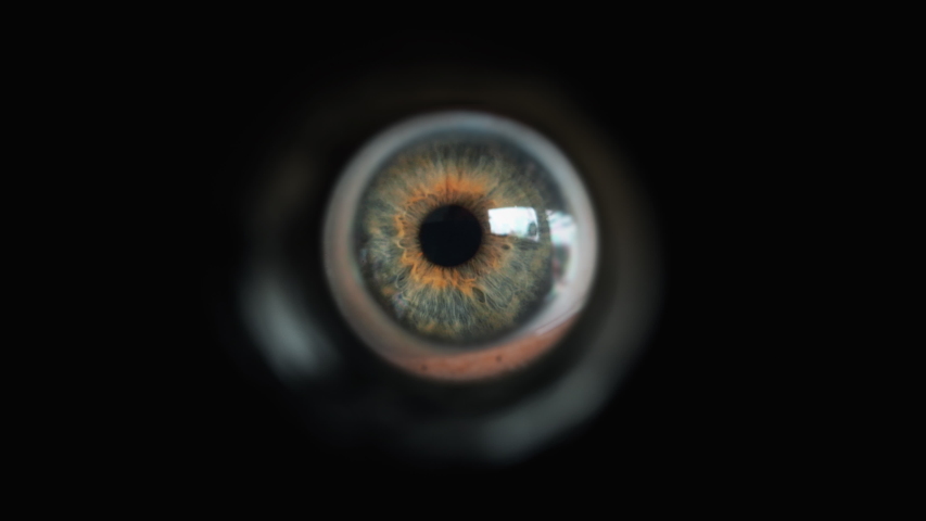 Looking Through Peephole In Door Viewer. Extreme close up of the eye of a girl peeping through a peephole in door viewer