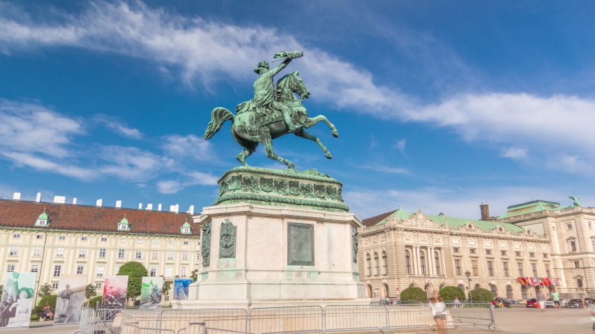 Statue rider Erzherzog Karl ( Archduke Charles) on horseback with flag in hand timelapse hyperlapse. Heldenplatz (Heroes