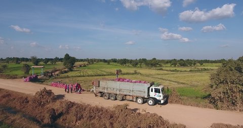  aerial view of workers carrying rice sacks into a big truck at the road side