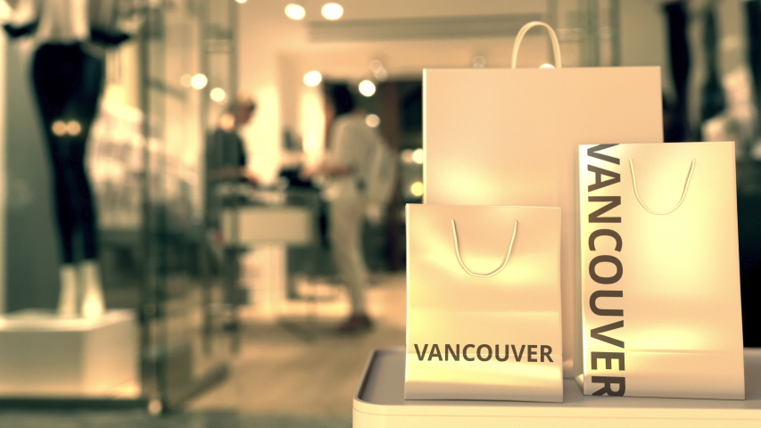 Bags with Vancouver text. Shopping in Canada related 3D animation
