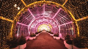 Time-lapse video  View of a  New Year's Christmas decoration in Moscow Russia -  the glowing  light tunnel

