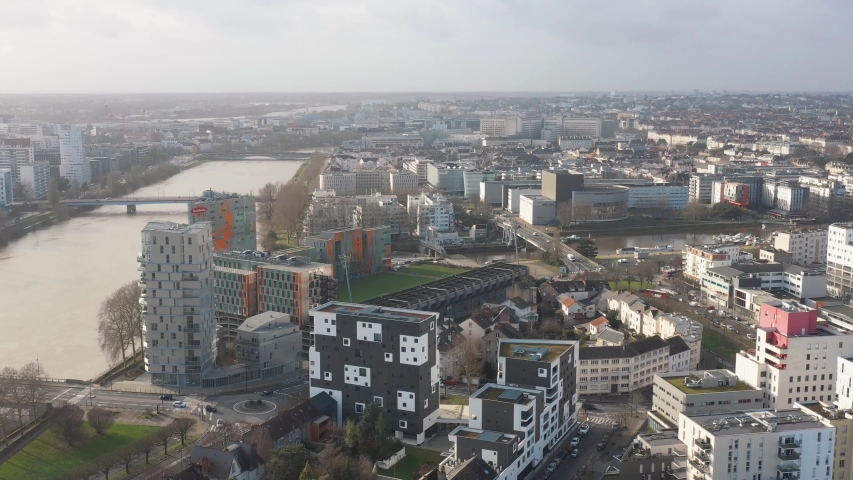 France, Nantes, Malakoff district with Loire and Erdre river, drone aerial view