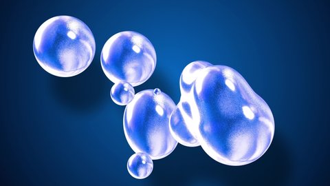 amasing abstract background of metaballs as if drops of glass or spheres filled with blue sparkles merge together and scatter, cyclically in 4k. Looped seamless flowing animation with glisten bubbles.