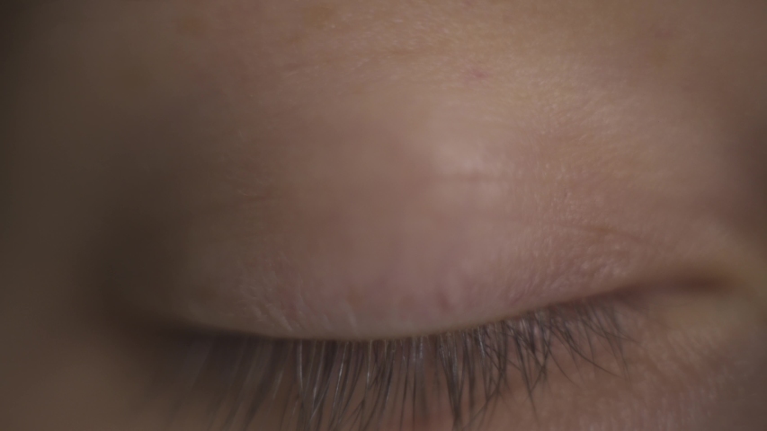 Macro close-up brown woman’s eye. Woman opens eye, moving eyeball, watching in different directions, look up, down, right, left. Human eye, eyelash, eyelid, brown iris, face. Natural beauty. Royalty-Free Stock Footage #1043482114