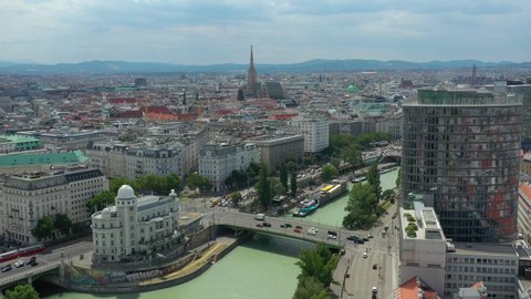 VIENNA, AUSTRIA - JULY 15 2019: day time vienna city center canal riverside beach traffic bridge bay aerial panorama 4k circa july 15 2019 vienna, austria.