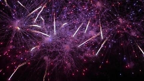 Colorful bright fireworks in dark sky at night. Evening time, low light illumination. Holiday, celebration and anniversary concept. Super slow motion shot