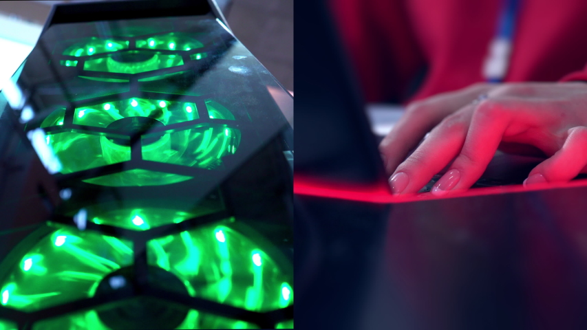 Rivalry of a group of experienced players. Winner team, competitive. Professional esport gamers compete. Gamer playing a video game with keyboard. World Championship Cyber gaming. RGB neon light. 