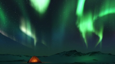 Animation of spectacular realistic Bright Aurora Borealis landscape. Touristic tent in the mountains. Time lapse clip of Polar Light or Northern Light in night sky. Dynamic stars motion on background