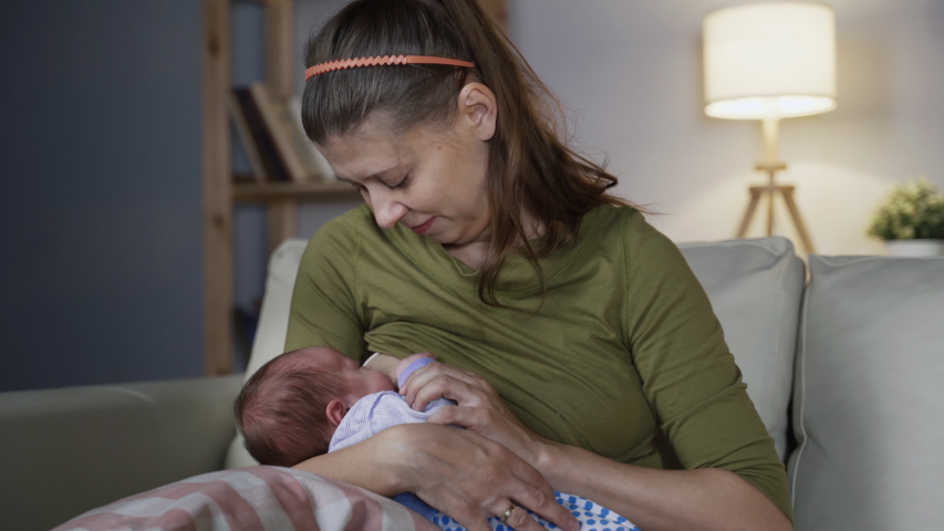 Woman Mother Feeds Newborn Baby Breast