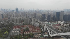 Aerial 4k video of Shanghai in the morning day time sunrise and view of Lujiazui, The bund with dolly shot camera movement