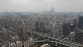 Aerial 4k video of Shanghai in the morning day time sunrise and view of Lujiazui, The bund with dolly shot camera movement