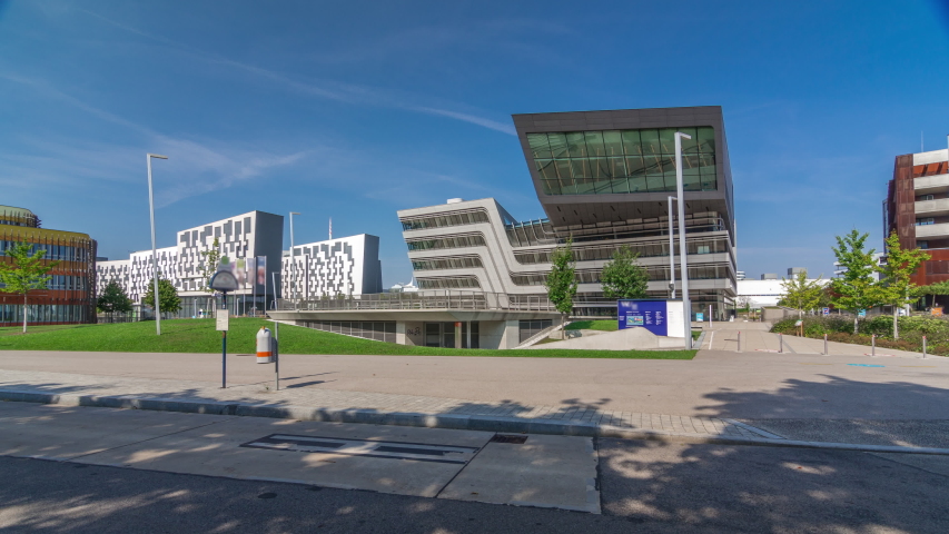 Modern buildings with library and Learning Center Of Vienna University of Economics and Business timelapse hyperlapse(Wirtschaftsuniversitat Wien) is the largest Business University in Europe. Blue