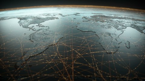 Globalized world, the future of digital technology. Connections and cloud computing in the virtual world. World map with satellite data connections. Connectivity across the world.