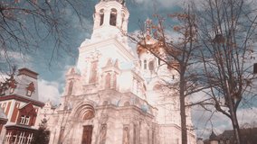 Scenic slow motion video of Saint Peter and Paul Cathedral - Russian Orthodox church located in Karlovy Vary (Carlsbad) in Czech Republic. Beautiful cloudy summer look of orthodox temple in Czechia