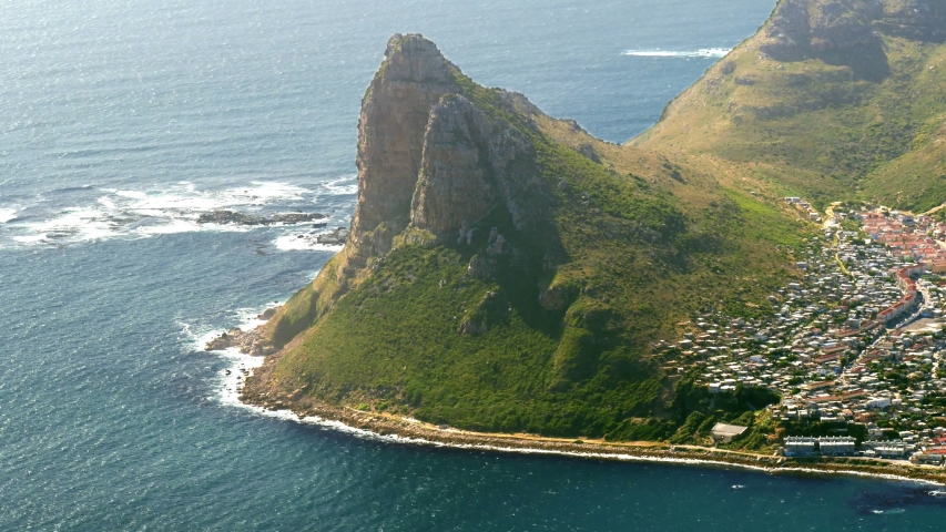 Sentinel mountain, blue ocean,  Hangberg settlement, distant seal island ariel, Hout Bay, Cape Town, South Africa