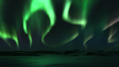 Spectacular 4K Animation of realistic and bright Aurora Borealis phenomenon. Timelapse video of Polar Light or Northern Light in night sky. Solar wind. Mountains and snow with reflection effect