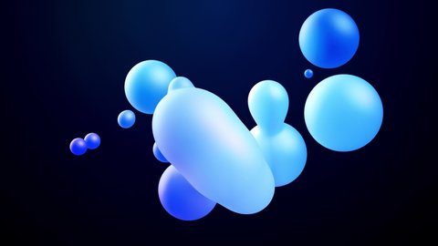 3d abstract background, droplets of molten wax with internal blue glow merge and fly apart in liquid. Seamless loop in 4k. Smooth animation of bubbles, metaball with inner glow. 