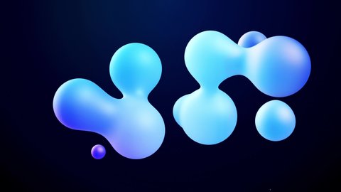 3d abstract background, droplets of molten wax with internal blue glow merge and fly apart in liquid. Seamless loop in 4k. Smooth animation of bubbles, metaball with inner glow. 99