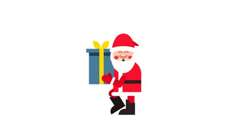 Santa Claus character with gifts in hands walking cycle, Alpha Matte Transparent background wishing you A Very Merry Christmas and Happy New Year for use in winter snowy greeting card Animation