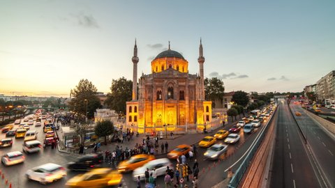 Pertevniyal Valide Sultan Mosque  and Traffic Jam timelapse in Istanbul. 4K Footage in Turkey