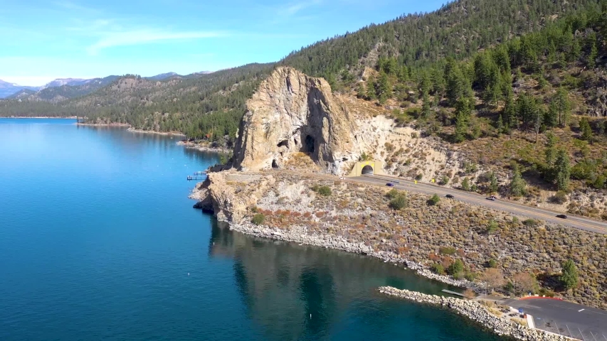 Hyperlapse View of Cave Rock Near Lake Tahoe, Highway Going Trough Cave