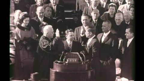CIRCA 1961 - JFK is inaugurated as President, and scenes from his inaugural parade are shown (narrated by James Cagney in 1965).