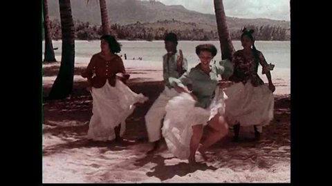 CIRCA 1950s travel scenes of tourists in Puerto Rico sitting down to a pig roast and enjoying beachside entertainment.