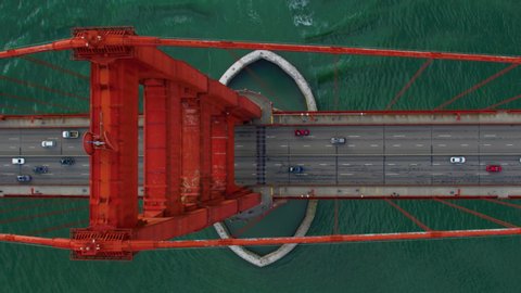 Aerial view of the Golden Gate Bridge. San Francisco, US. This suspension bridge is one of the most iconic landmarks of California. It connects the San Francisco peninsula to Marin County. Red 8K.