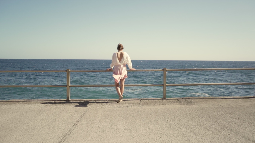 A sexy girl stands next to the blue ocean and admires the beauty of nature. The wind blows the dress. Hot weather. Travel and relaxation on vacation.