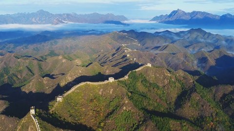 Aerial view of Great Wall of China. Famous landmark Great Wall and mountains located in Hebei province next to Beijing.