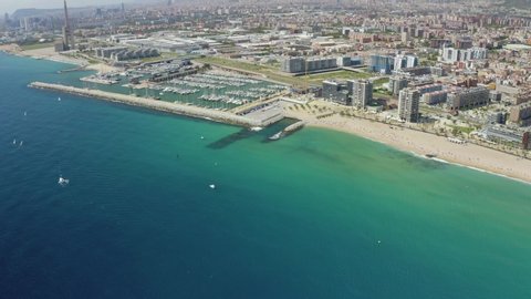 4k color graded drone Aerial view of the port, Badalona in Barcelona, Spain
