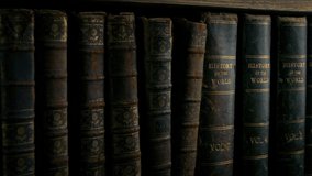Passing Old Leather Bound Books On Shelf - Powered by Shutterstock - Get 15% off with code: PIKWIZARD15