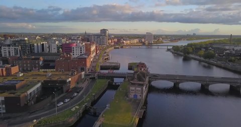 Limerick city weir aerial view at sunset. Limerick, Ireland. May 2019